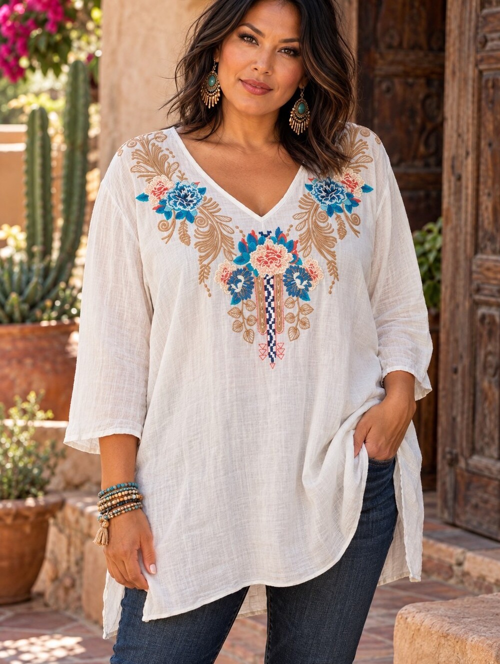 Johnny Was 3J Workshop Size M Embroidered Boho Tunic Top